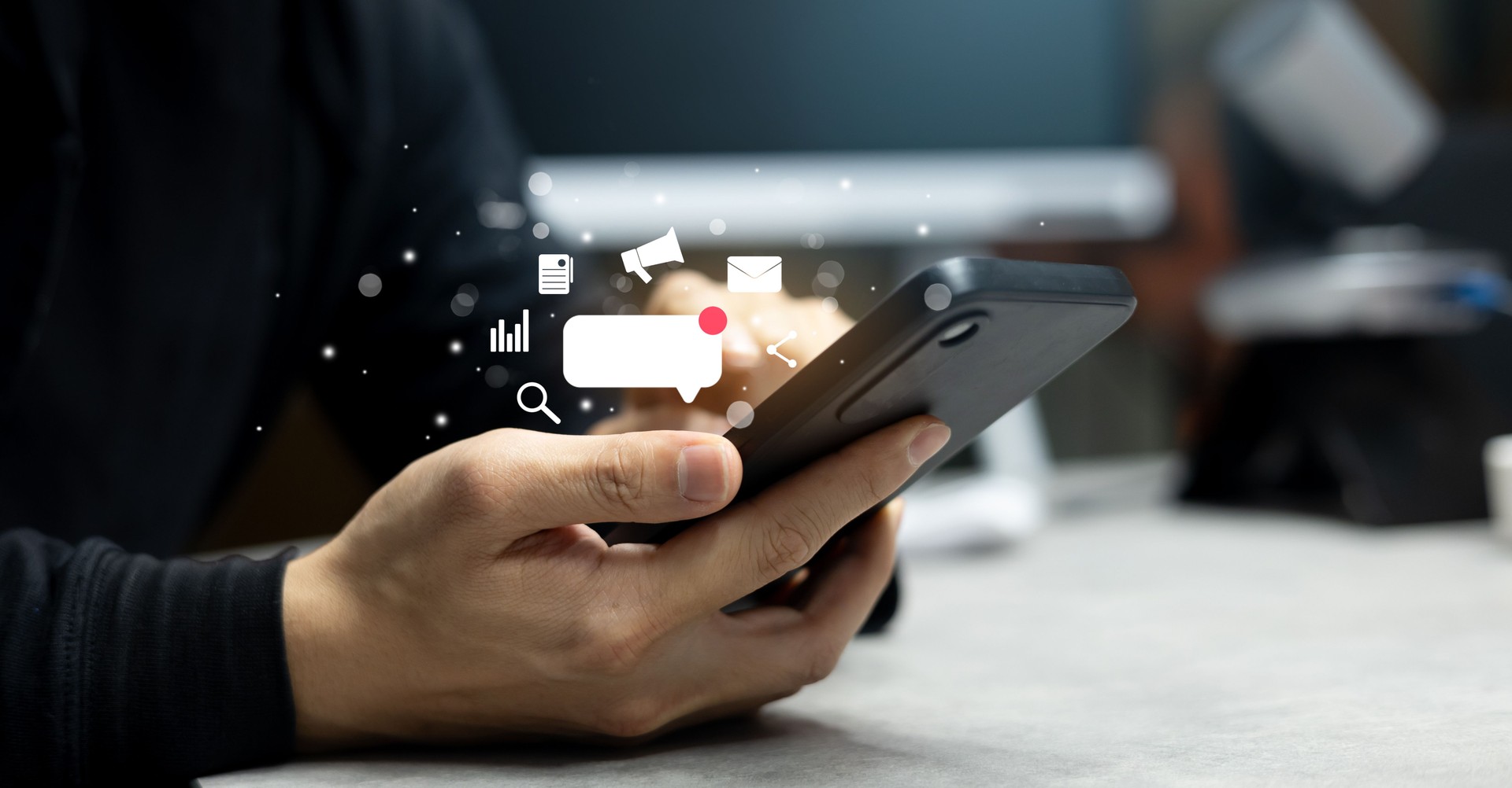 close up man hand hold smartphone to working about content of social media marketing for internet network technology and business concept