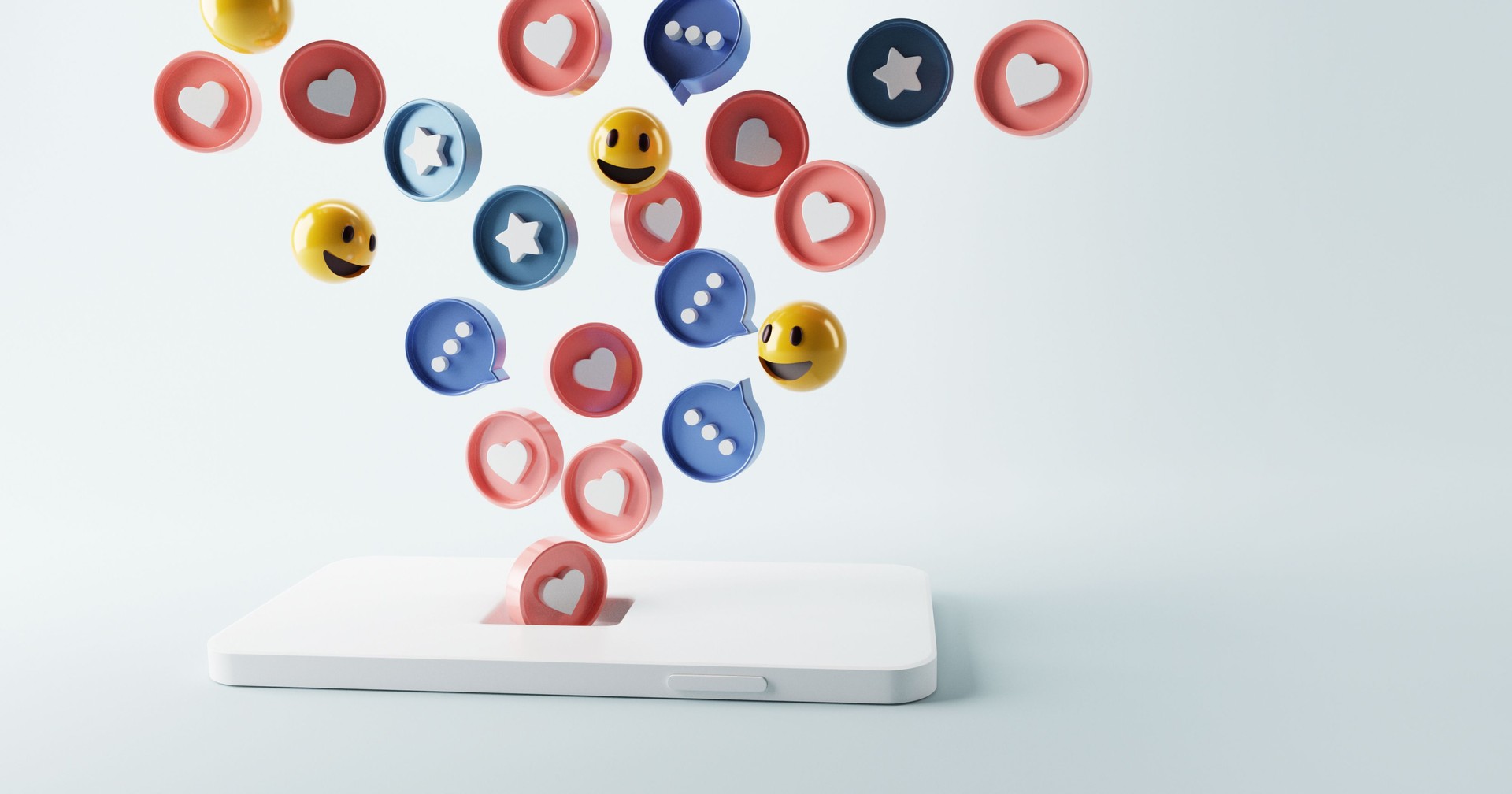 Concept de marketing des médias sociaux. Attirer (emoji, like, love, star, icône de commentaire) avec smartphone, rendu 3D. espace de copie.