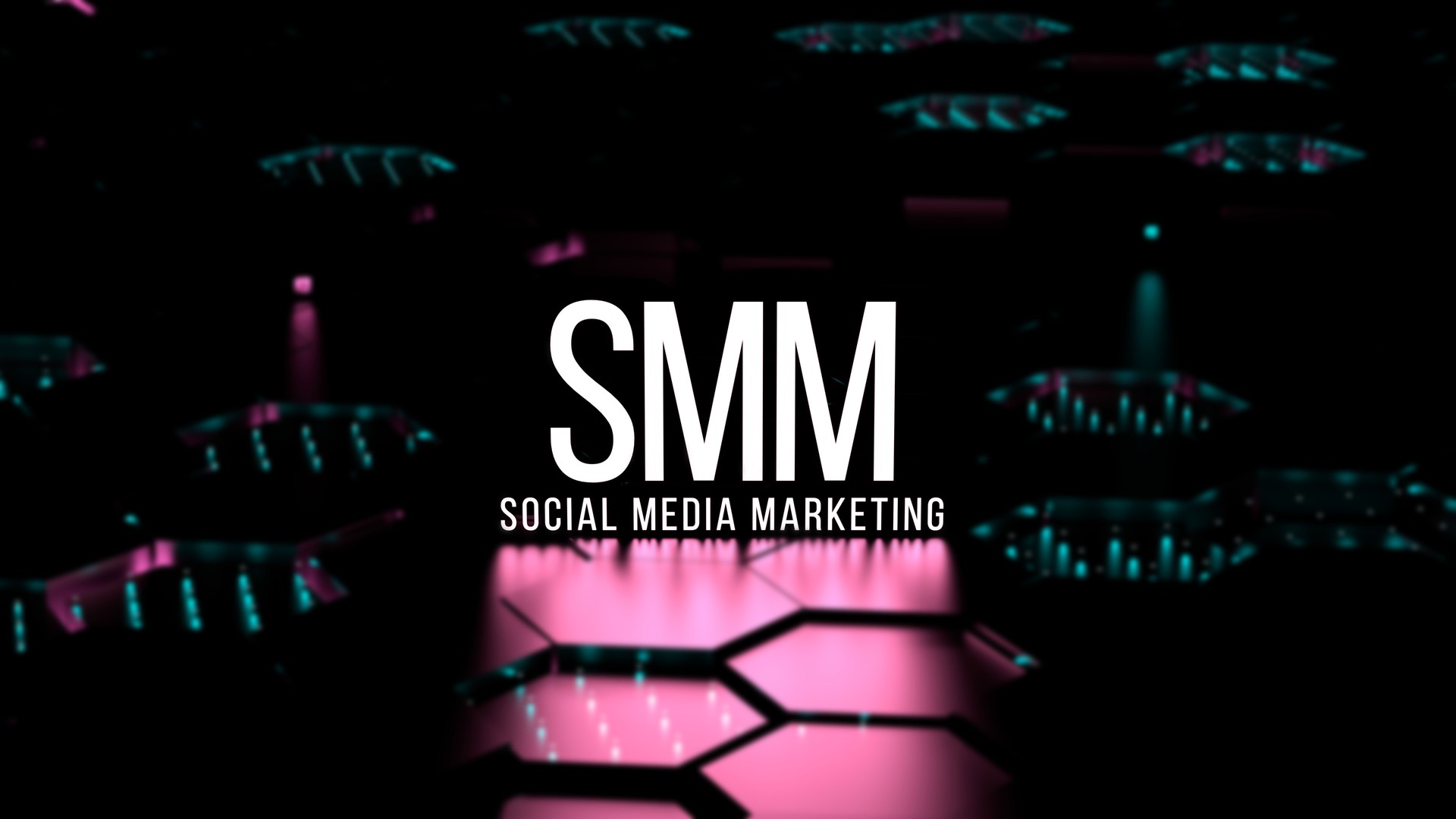 Texte de marketing des médias sociaux SMM, mot néon lumineux, sur un fond numériquement flou. Concept d’entreprise SMM, rendu wallpaper.3D