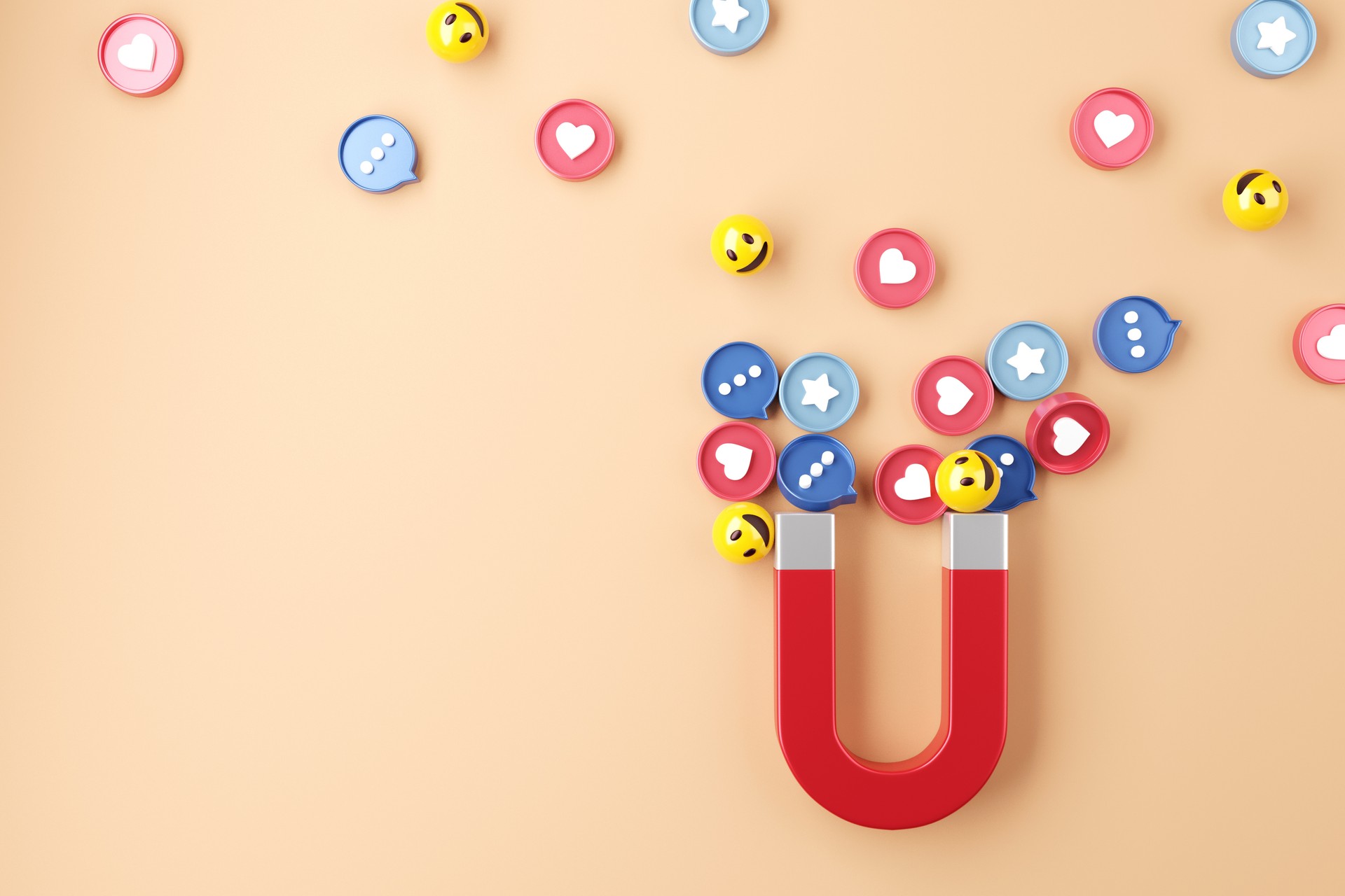 Concept de marketing des médias sociaux. Attirer (emoji, comme, l’amour, star, icône de commentaire) avec un aimant énorme.